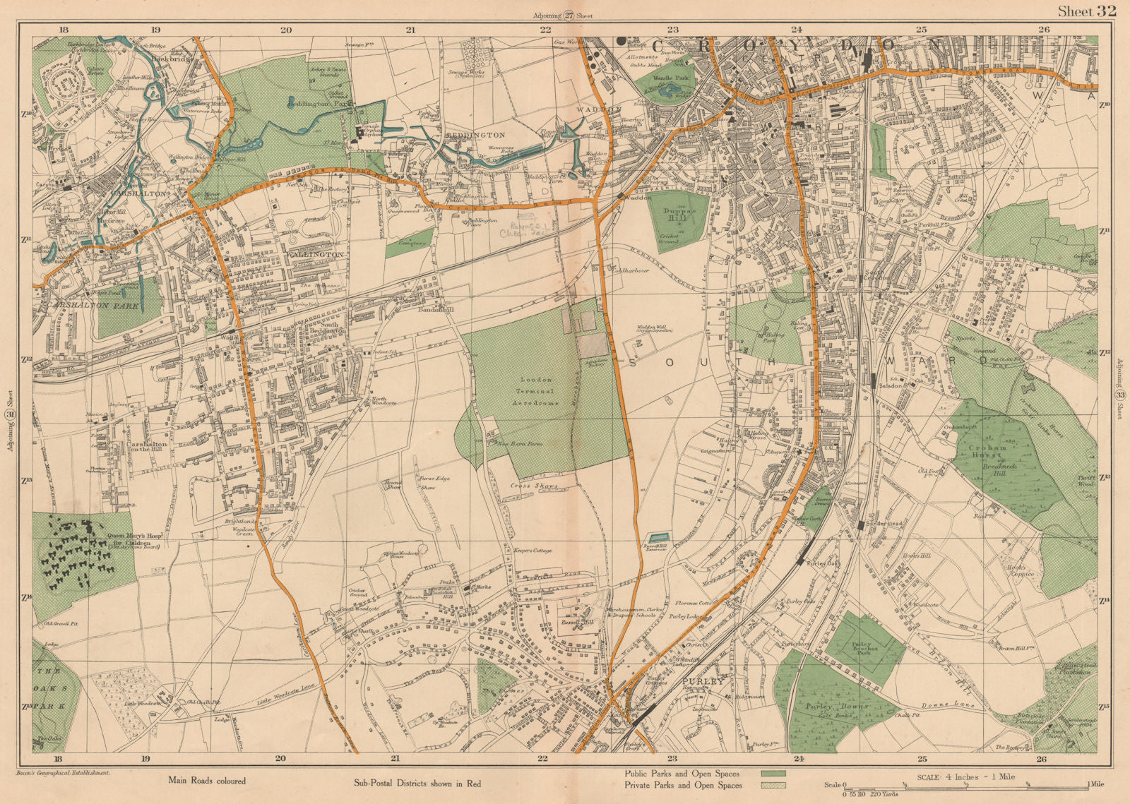 SOUTH CROYDON Carshalton Wallington Waddon Beddington Purley. BACON 1927 map